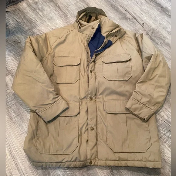 VTG 90s WOOLRICH USA Field Chore Jacket Full Zip Beige Tan Lined Size Large - Picture 1 of 7
